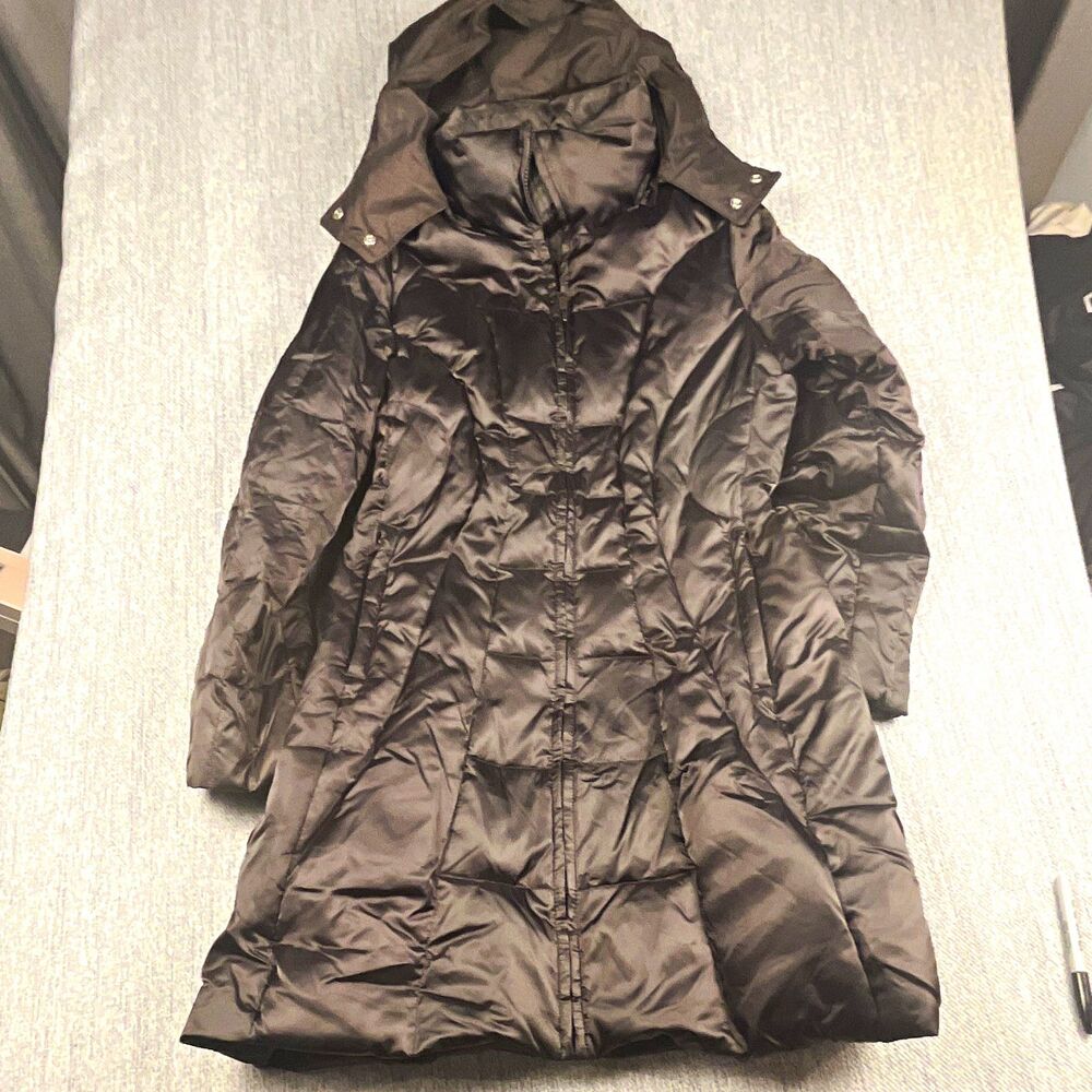 EXPRESS Women's Duck Down Puffer Jacket Brown Med Hooded Full Zip Quilted Coat